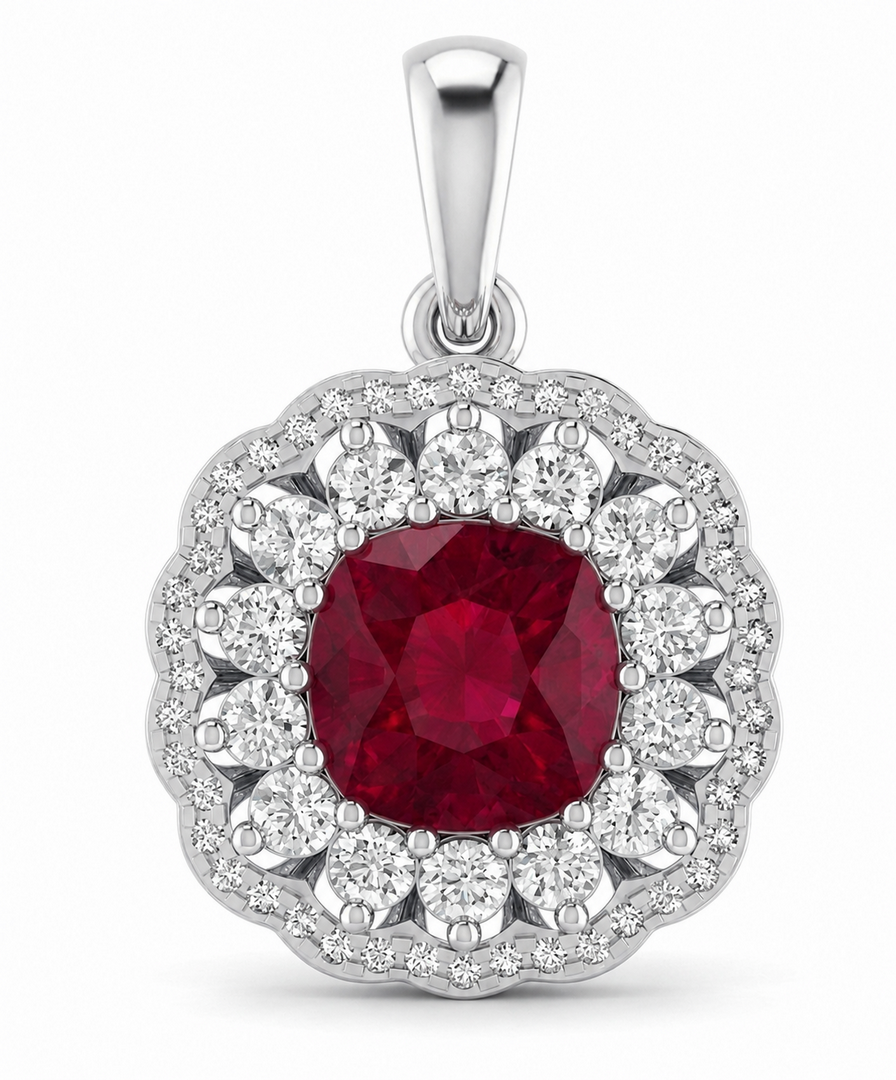 LG - 14K 2.69CT D-PENDANT LDS CUSC/RDS CERTIFIED RUBY 2.12 CUSHION
